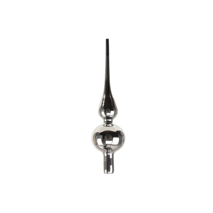 Een glanzend, zilverkleurig ornament met een bolle onderkant en een lange, puntige top.