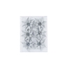 Six glittering silver floral decorations arranged neatly on a clear background.