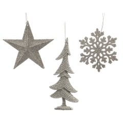 Three silver holiday ornaments: a star, a tree, and a snowflake, all textured and sparkling.