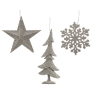 Three silver holiday ornaments: a star, a tree, and a snowflake, all textured and sparkling.
