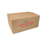 A simple brown cardboard box with "SAPINS.BE" printed in red.