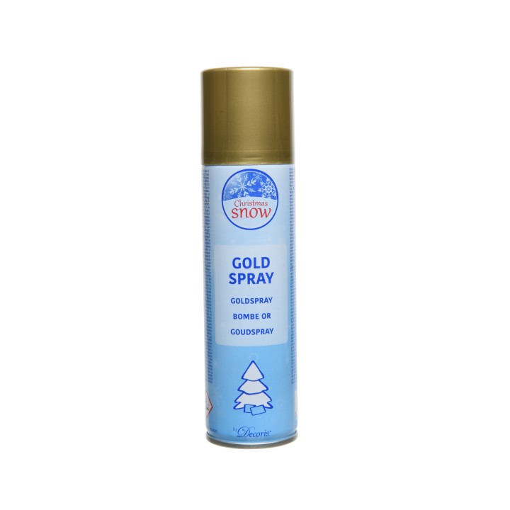 Een spuitbus met gouden verf, blauw etiket en gouden dop, ideaal voor decoratie.