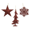 Three festive decorations: a red star, a tree, and a snowflake, all textured and shiny.