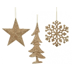 Three gold holiday ornaments: a star, a tree, and a snowflake, all textured and festive.