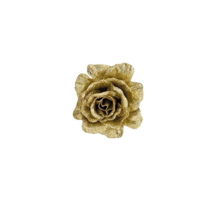 Gouden bloem met glitters, elegant en gedetailleerd, op een witte achtergrond.