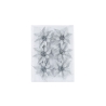 Six silver glittered flower decorations arranged on a clear backing.