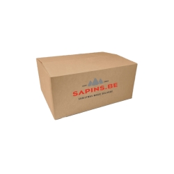 A plain brown cardboard box with a red logo and text on the front.
