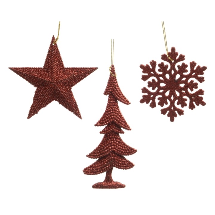 Drie rode kerstversieringen: een ster, een kerstboom en een sneeuwvlok, allemaal met een textuur.