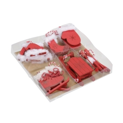 A festive assortment of red wooden sleighs, mittens, and hats adorned with white fluff and candy ...