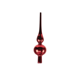A shiny red ornament with a rounded base and a long, pointed top.
