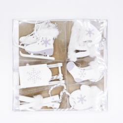 A clear pouch holds six winter-themed decorations in white and light blue, featuring skates and m...