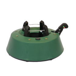 A green, circular Christmas tree stand with black clamps and decorative gold stars.