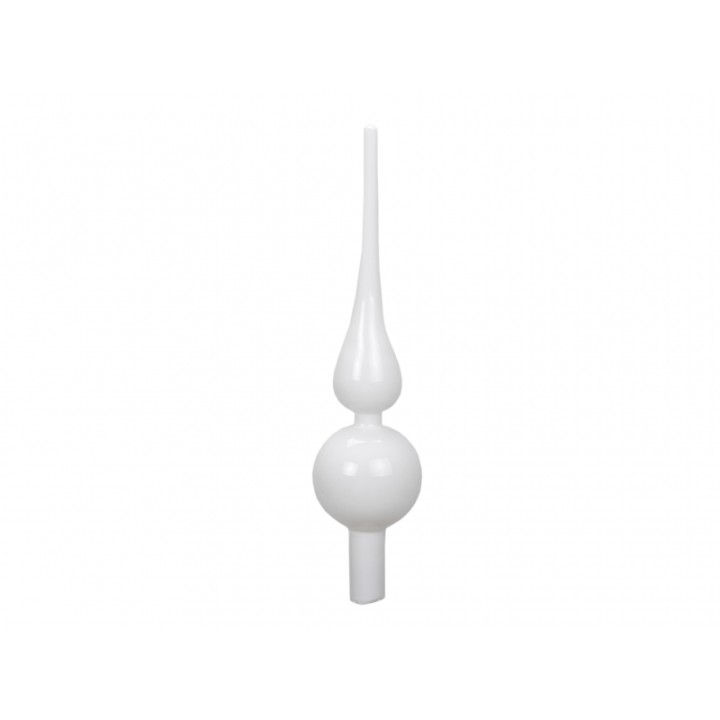 Een abstracte, witte sculptuur met een bolvormige basis en een lange, spitse top.
