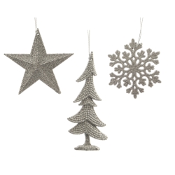 Three silver holiday ornaments: a star, a tree, and a snowflake, all intricately designed.
