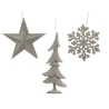 Three silver holiday ornaments: a star, a tree, and a snowflake, all intricately designed.