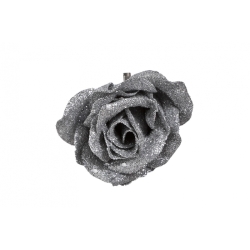 A shimmering silver rose with glittery petals, elegantly crafted and strikingly beautiful.