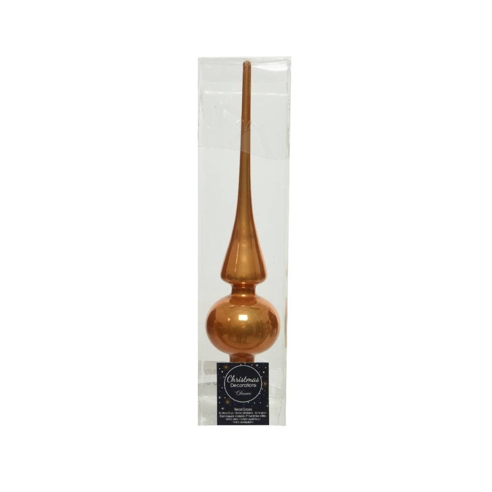 A sleek, elongated glass ornament with a warm amber hue, elegantly packaged.