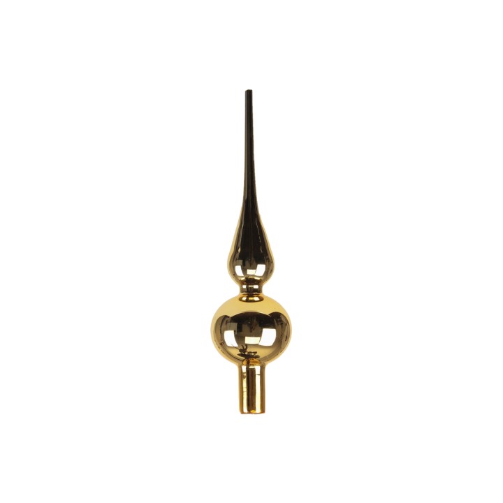 Goudkleurige ornament met een bolle onderkant en een lange, puntige bovenkant.