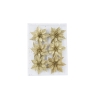 Six golden glittery flowers arranged on a transparent backing, sparkling with festive charm.
