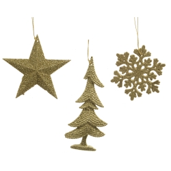 Gouden kerstdecoraties in de vorm van een ster, boom en sneeuwvlok, glanzend en festief.