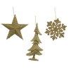 Gouden kerstdecoraties in de vorm van een ster, boom en sneeuwvlok, glanzend en festief.