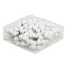 A collection of white round balls with green wire stems, neatly packed together.