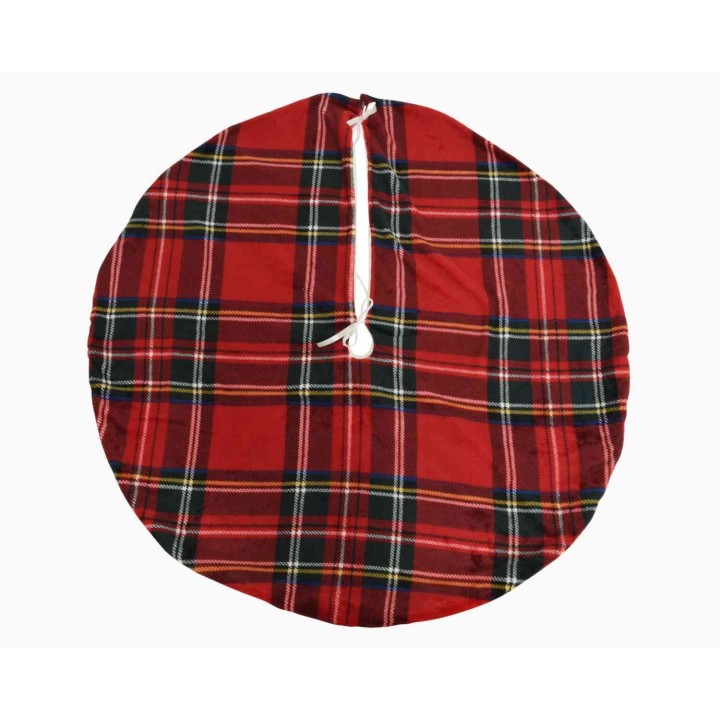 Ronde, rode plaid met zwart en gele lijnen, afgewerkt met een witte koordsluiting.