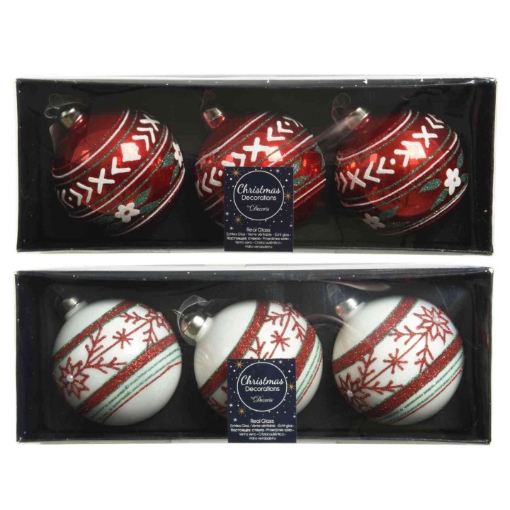 Zes kerstballen in een geschenkdoos, in rood, wit en met decoratieve patronen.