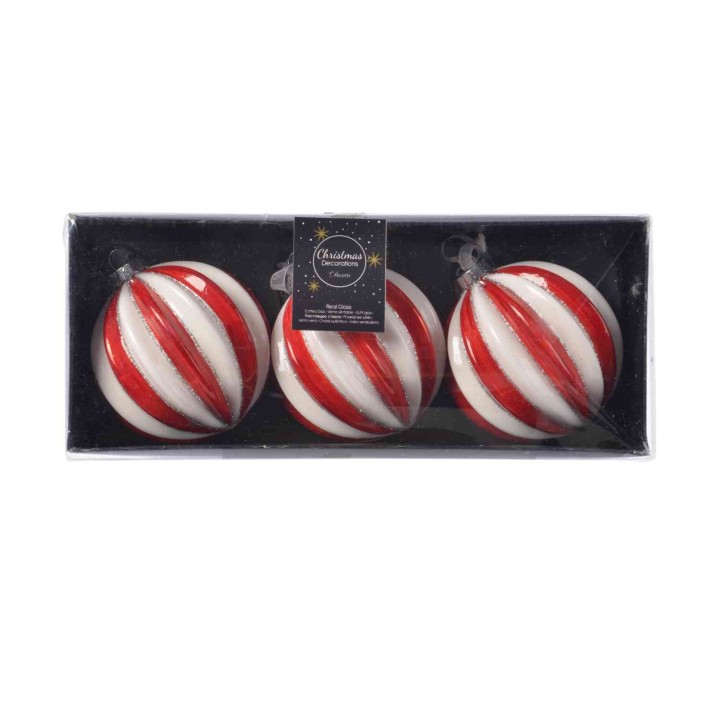 Drie glanzende kerstballen in rood en wit gestreept, verpakt in een transparante doos.