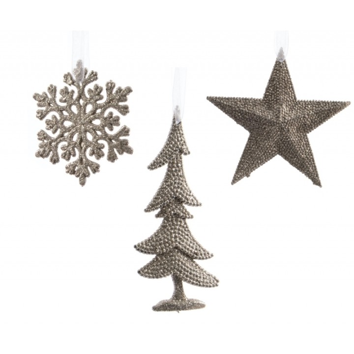Three metallic ornaments: a snowflake, a star, and a Christmas tree, all in silver tones.