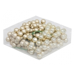 A cluster of shiny, round beads in soft cream and pearl colors, arranged neatly.