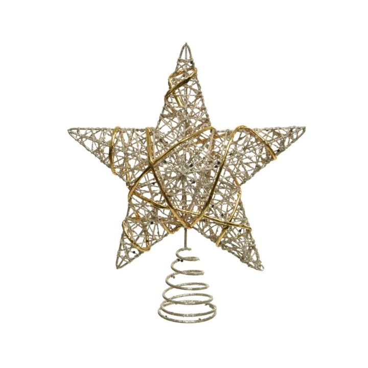Gouden en zilveren ster van gevlochten draad met een spiraalvormige basis. Elegante kerstdecoratie.