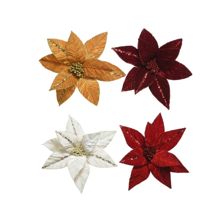Vier bloemen in verschillende kleuren: goud, wit, rood en diep rood, met gestileerde bladen en te...