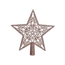 A decorative metal star tree topper with intricate swirling patterns in a warm brown finish.