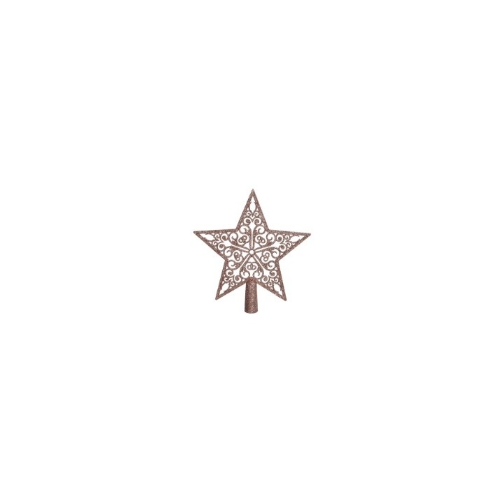 A decorative metal star tree topper with intricate swirling patterns in a warm brown finish.