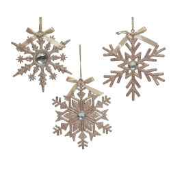 Three glittering snowflake ornaments in gold and silver, adorned with bows and gems.