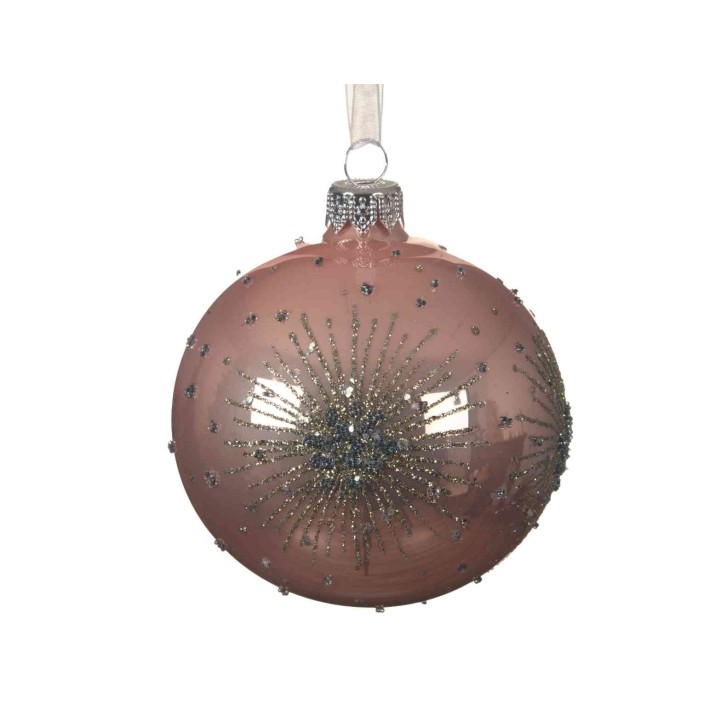 A shiny pink ornament adorned with intricate silver and blue beading.