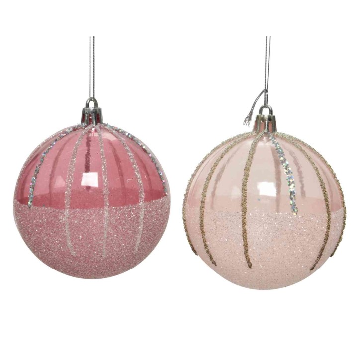 Twee glinsterende kerstballen in zachtroze en lichtroze met sprankelende lijnen.