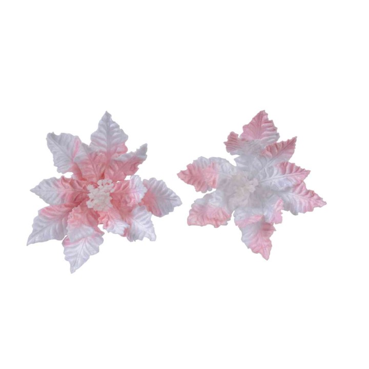 Twee kunstbloemen met roze en witte bladeren in een delicate, speelse stijl.