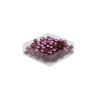 A clear box filled with glossy purple and magenta decorative pearls.