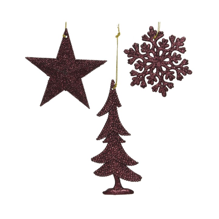 Drie glinsterende kerstdecoraties: een ster, een kerstboom en een sneeuwvlok in dieprood.