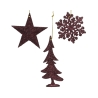 Three glittery holiday ornaments: a star, a snowflake, and a Christmas tree in deep burgundy.