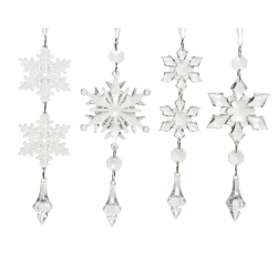 Elegant crystal snowflakes in white, hanging with clear beads and pointed tips.