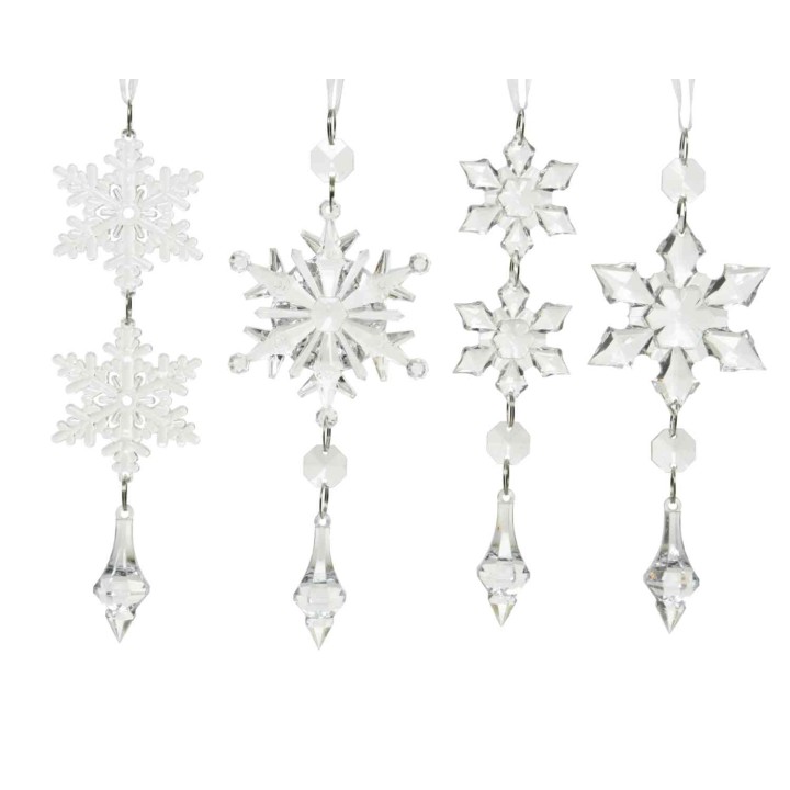 Transparante kristallen sneeuwvlokken met glanzende accenten, elegant en feestelijk.