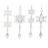 Elegant crystal snowflakes in white, hanging with clear beads and pointed tips.