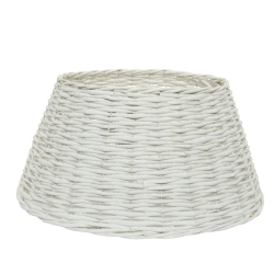 A conical, white woven basket made of thin, interlaced strands.