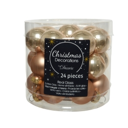 Transparante doos met 24 kerstballen in goud- en koperkleuren, van echt glas, glanzend en decorat...