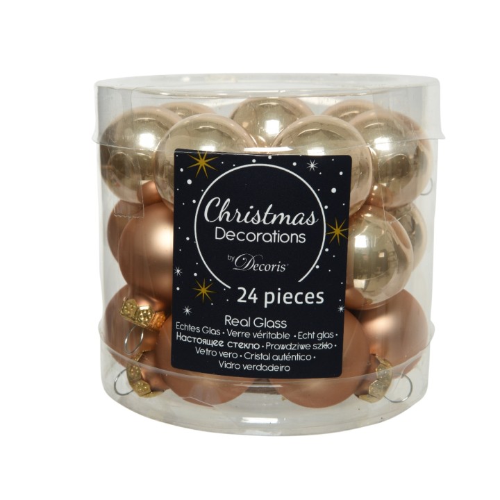 Transparante doos met 24 kerstballen in goud- en koperkleuren, van echt glas, glanzend en decorat...