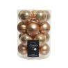 A clear container filled with shiny gold and bronze Christmas ornaments.