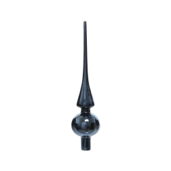 A sleek, elongated black glass ornament with a rounded base and a pointed top.